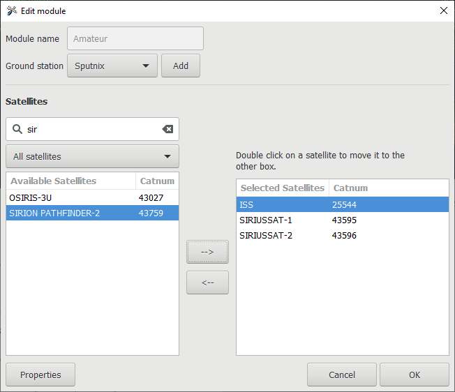 Список добавленных спутников