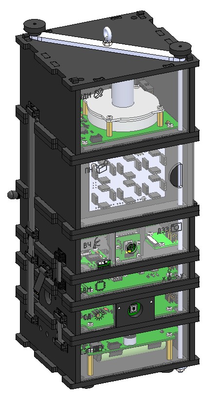 Собранный конструктор спутника (одноосная конфигурация)