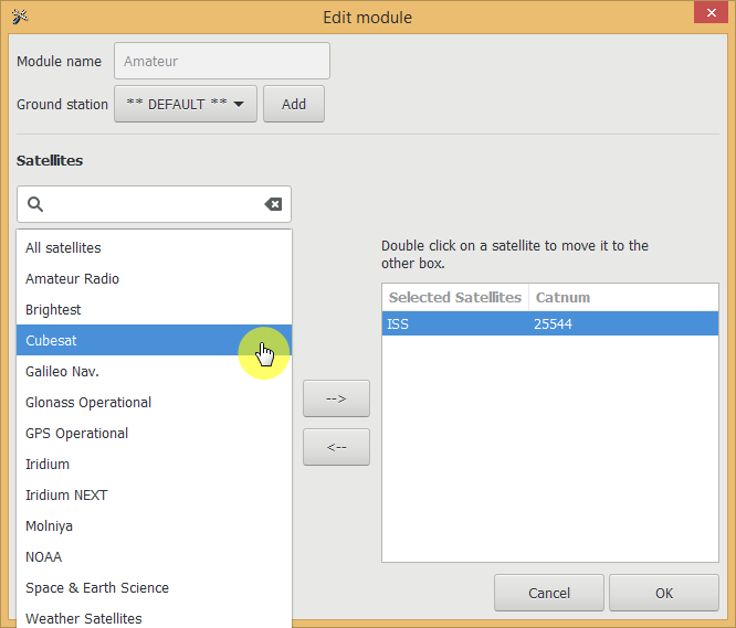 Добавление спутников формата Кубсат