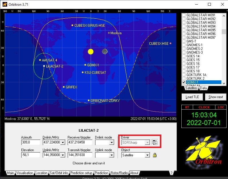 Connecting the SDRSharp driver in the Orbitron program