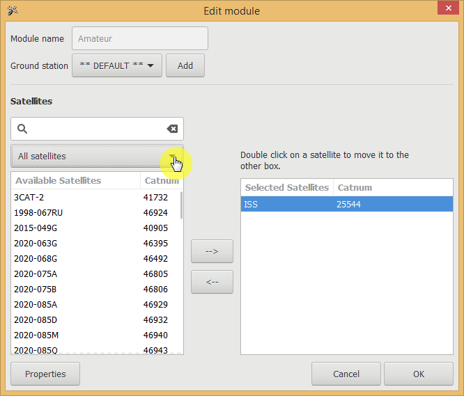Drop-down list of satellites