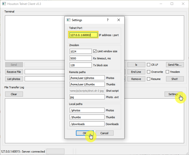 Houston Telnet Client Settings