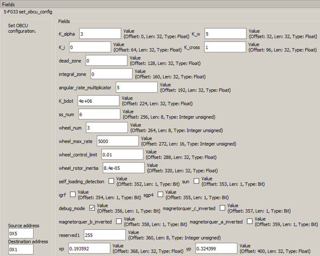 Parameters of the selected command