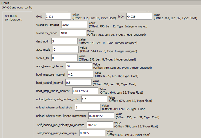 Parameters of the selected command